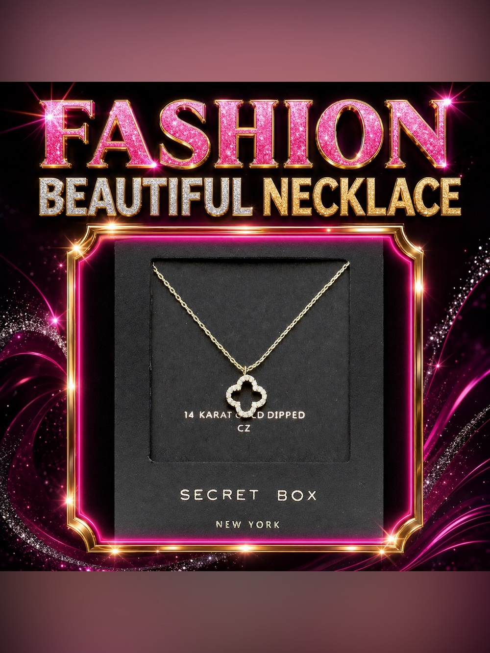 Gold Clover Pendant Necklace - Pink Accent